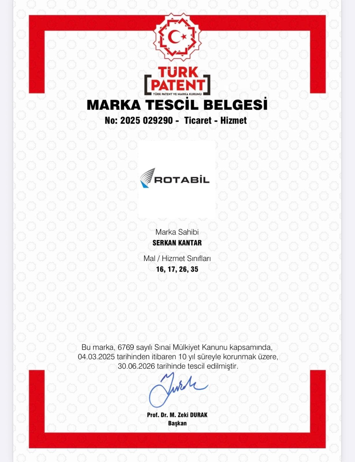 Rotabil Etiket Marka Tescil Belgesi